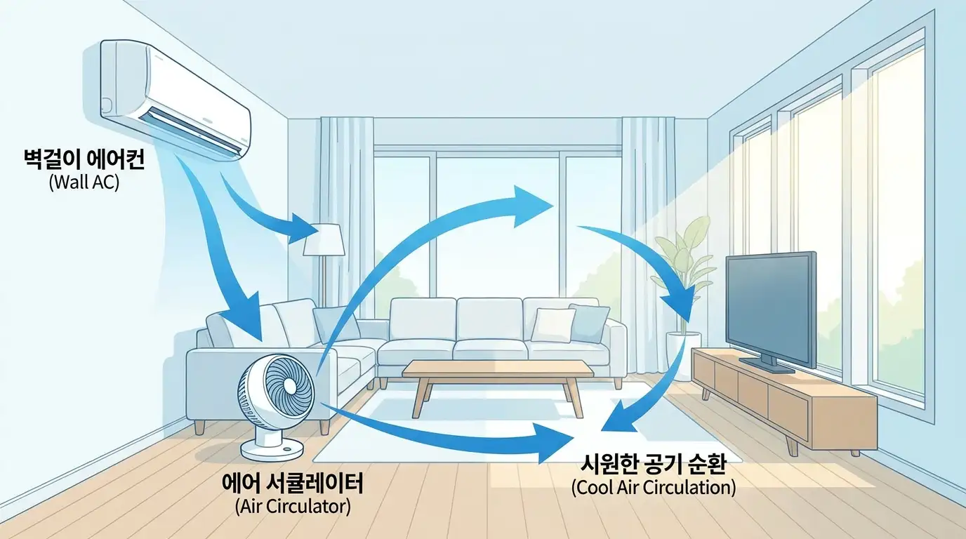 벽걸이 에어컨 아래에 서큘레이터를 두고 찬 공기가 거실 전체로 순환되는 흐름을 화살표로 보여주는 그림