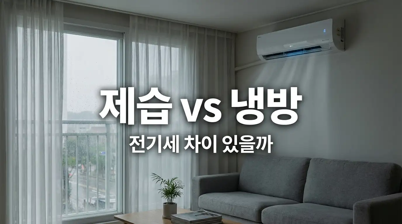 여름 오후 거실에서 에어컨이 가동되고 창문에 습기가 맺힌 모습