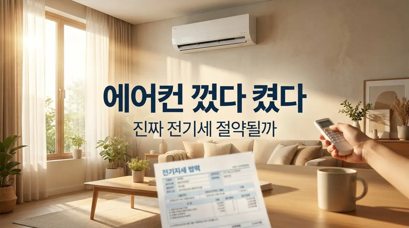 거실 벽에 걸린 에어컨과 리모컨을 든 손, 전기요금 고지서가 놓인 탁자