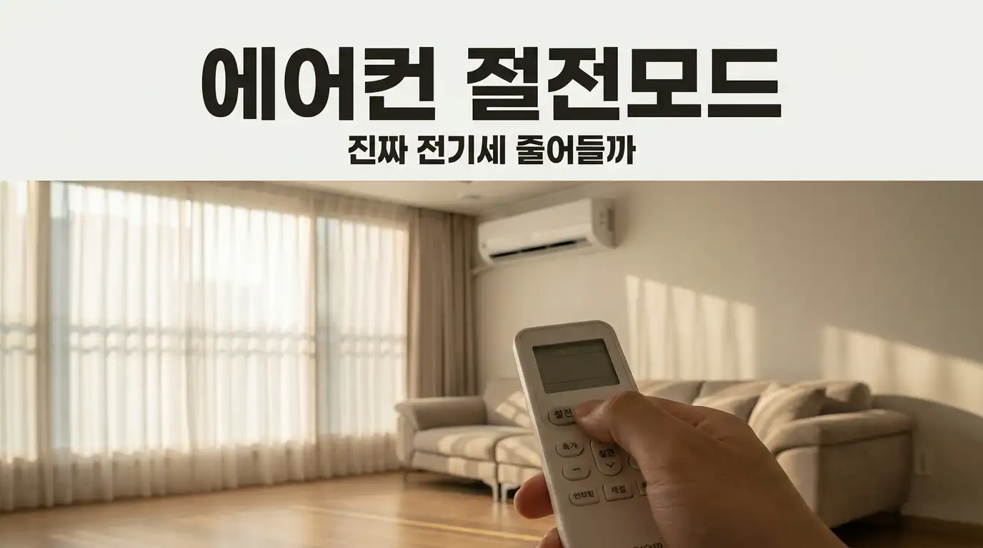 에어컨 리모컨의 절전 버튼과 베란다 실외기를 함께 보여주는 장면
