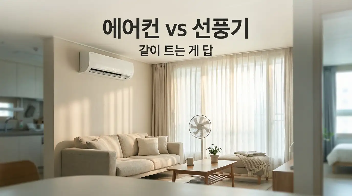 여름 거실에서 에어컨과 선풍기가 함께 켜져 있고 창문에는 커튼이 드리워진 시원한 실내 풍경