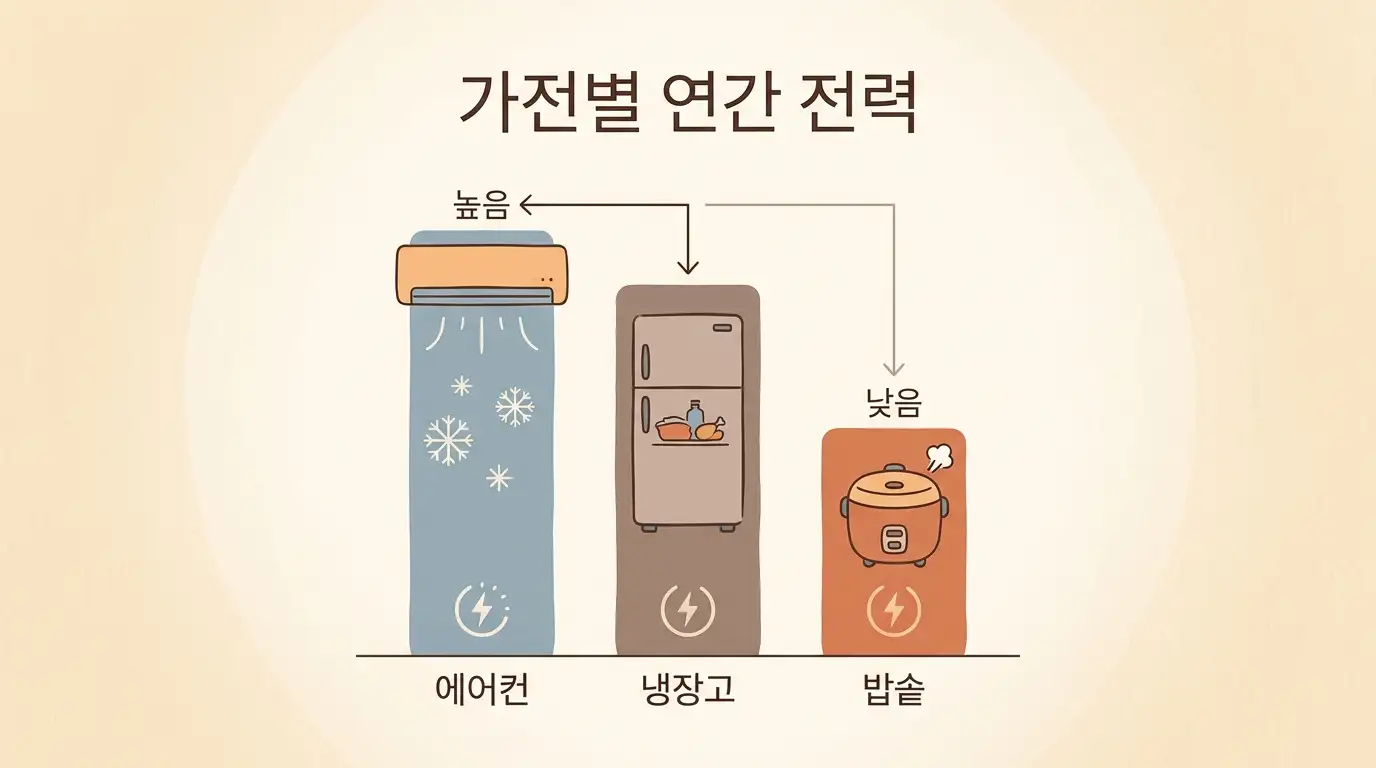 에어컨 냉장고 밥솥의 연간 전력사용량을 막대 높이로 비교한 인포그래픽