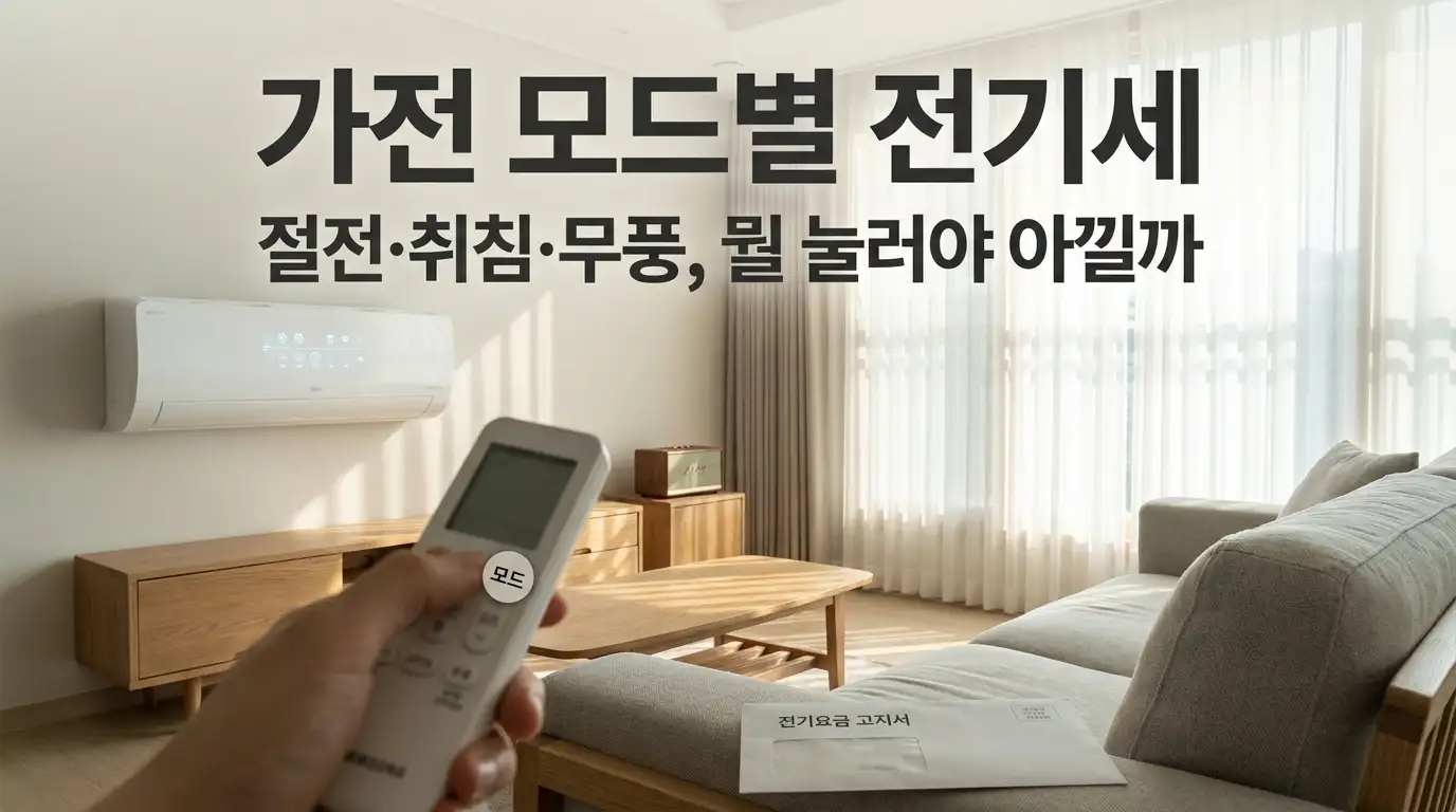 에어컨 리모컨의 모드 버튼과 전기요금 고지서를 함께 놓고 비교하는 장면