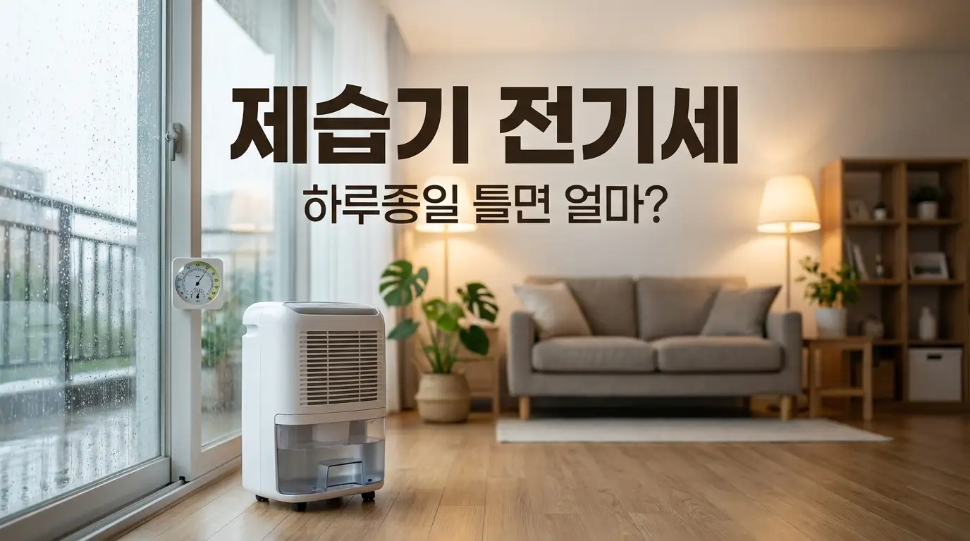 장마철 거실 창가에 놓인 제습기와 물통, 창밖으로 빗줄기가 흐르고 습도계 눈금이 보이는 모습