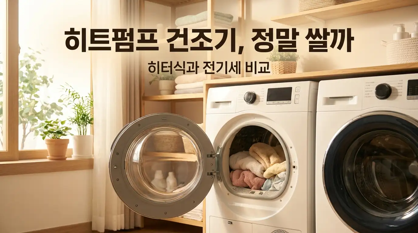히트펌프 건조기 문을 열어 뽀송하게 마른 빨래를 꺼내는 한국 가정 세탁실, 히트펌프와 히터식 건조기의 전기세 차이를 비교하는 이미지