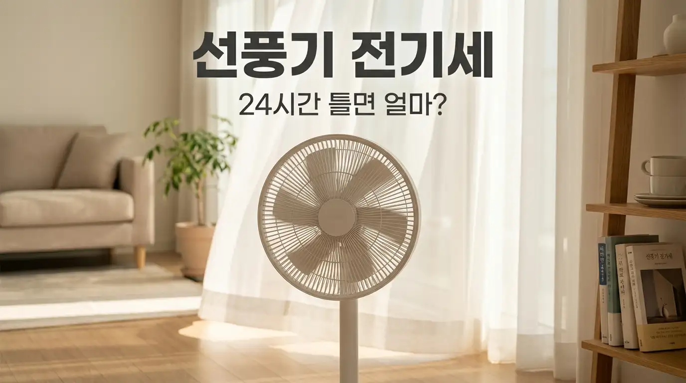 여름 거실 창가에 놓인 선풍기가 약풍으로 돌아가고 커튼이 부드럽게 흔들리는 오후 실내 장면
