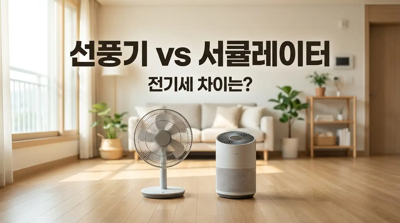 여름 거실에 선풍기와 서큘레이터가 나란히 놓여 있고 창밖으로 햇살이 들어오는 모습
