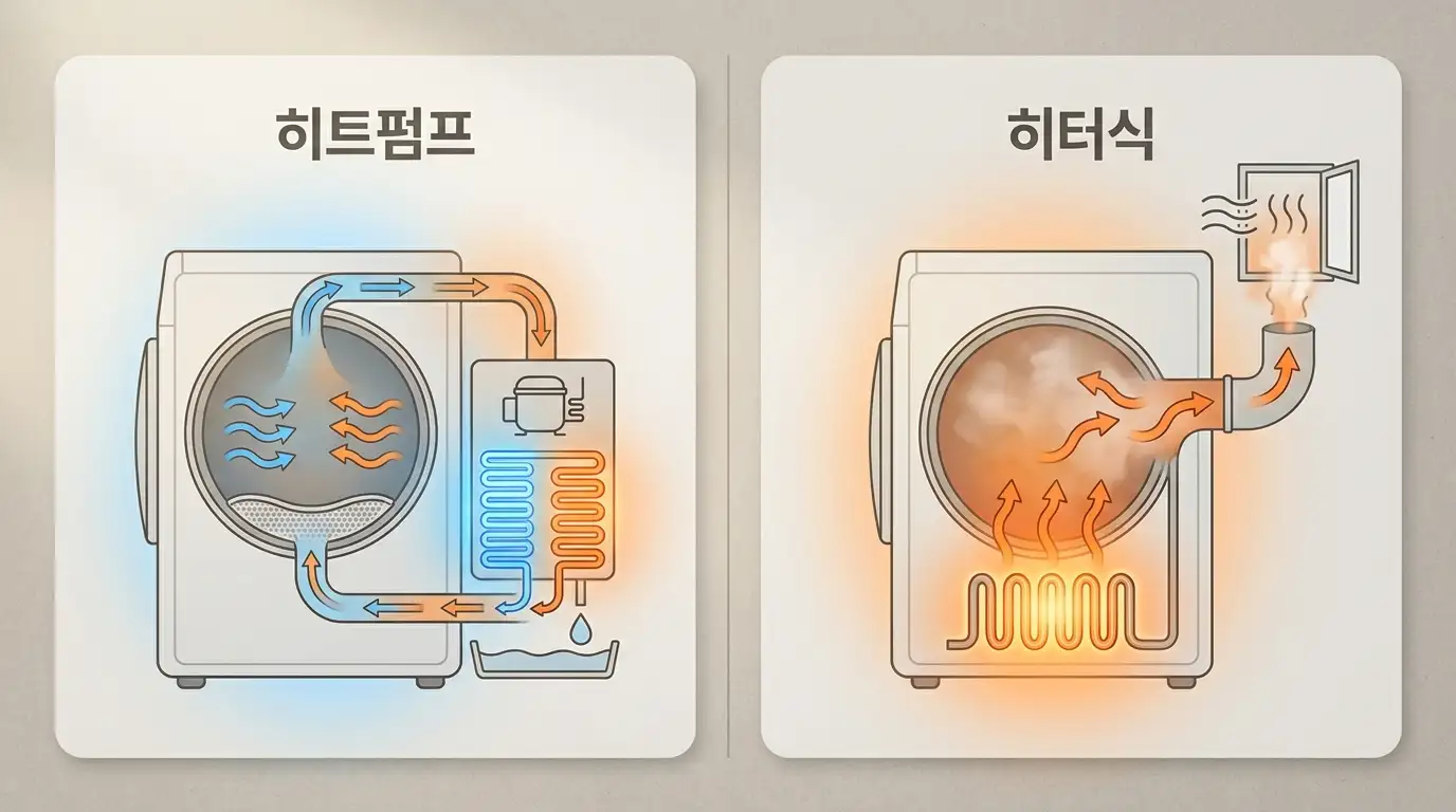 히트펌프 건조기는 열을 회수해 재사용하고 히터식 건조기는 열을 버리는 두 방식의 차이를 나란히 보여주는 개념도