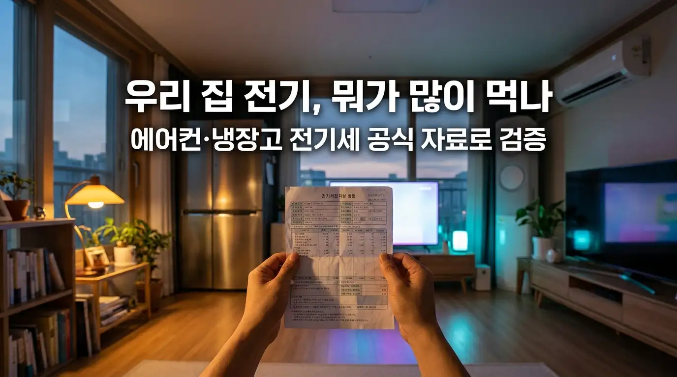 전기요금 고지서를 보며 집 안 가전제품의 전기 사용을 살펴보는 모습
