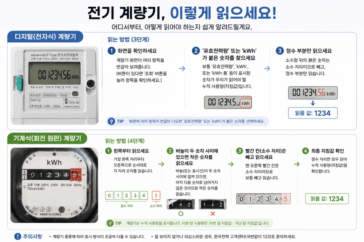 전기 계량기 읽는 법 안내. 디지털(전자식) 계량기는 3단계로 읽어요. 1) 화면을 확인하고, 2) '유효전력량' 또는 'kWh'가 붙은 숫자를 찾고, 3) 소수점 뒤 붉은 숫자는 빼고 정수 부분만 읽어요(예: 001234.56 → 1234). 기계식(회전 원판) 계량기는 4단계로 읽어요. 1) 왼쪽부터 오른쪽으로 각 자리 숫자를 읽고, 2) 바늘이 두 숫자 사이에 있으면 작은 숫자를 읽고, 3) 맨 오른쪽 빨간 칸(소수 자리)은 빼고, 4) 정수 자리만 모아 누적 사용량 지침값을 확인해요(예: 01234.5 → 1234).