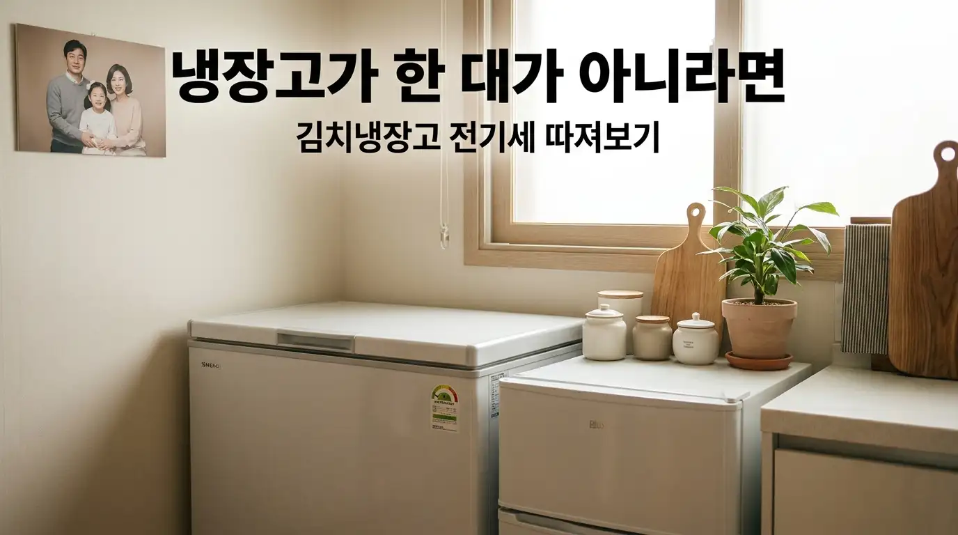 뚜껑형 김치냉장고 옆에 소형 세컨드 냉장고가 놓인 한국 주방, 냉장 가전이 늘수록 전기세가 얼마나 더 드는지 보여주는 이미지