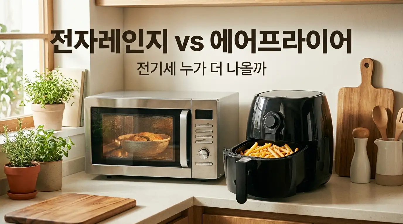 주방에 나란히 놓인 전자레인지와 에어프라이어, 데우기와 바삭한 조리에서 어느 쪽이 전기를 덜 먹는지 비교하는 이미지