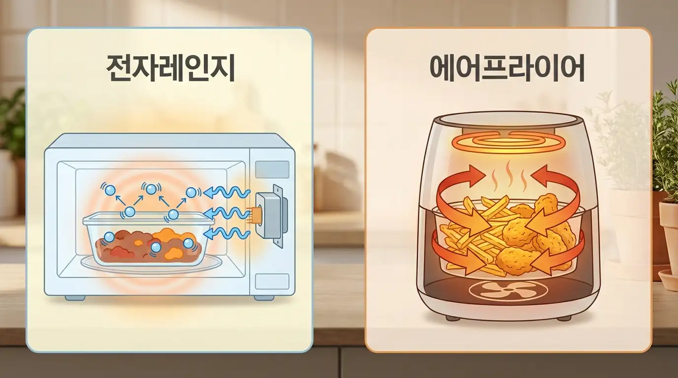 전자레인지는 마이크로파로 음식 속 물 분자를 데우고 에어프라이어는 뜨거운 바람을 순환시켜 겉을 익히는 두 방식의 차이를 나란히 보여주는 개념도