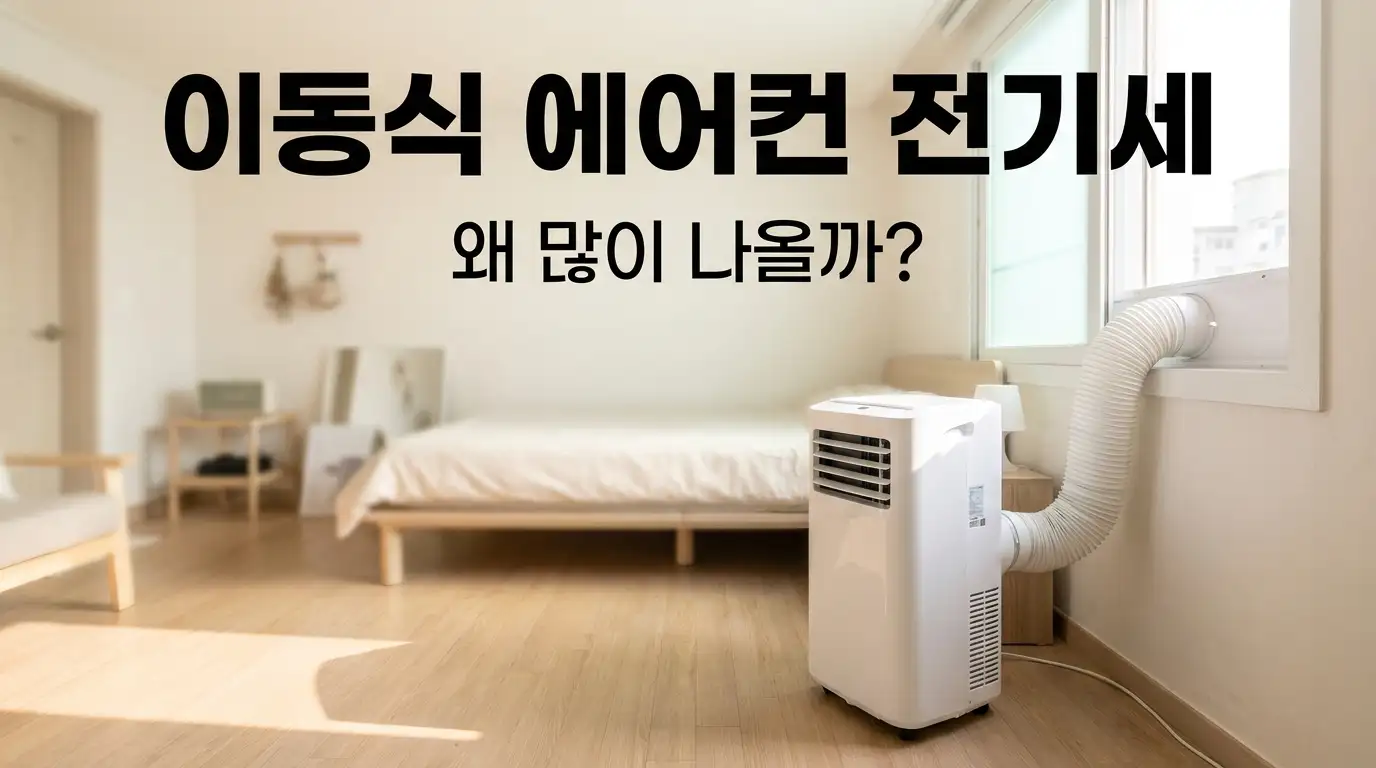 여름 원룸 창가에 놓인 이동식 에어컨과 창밖으로 빠진 배기 호스, 창틀 틈으로 더운 공기가 새어드는 모습