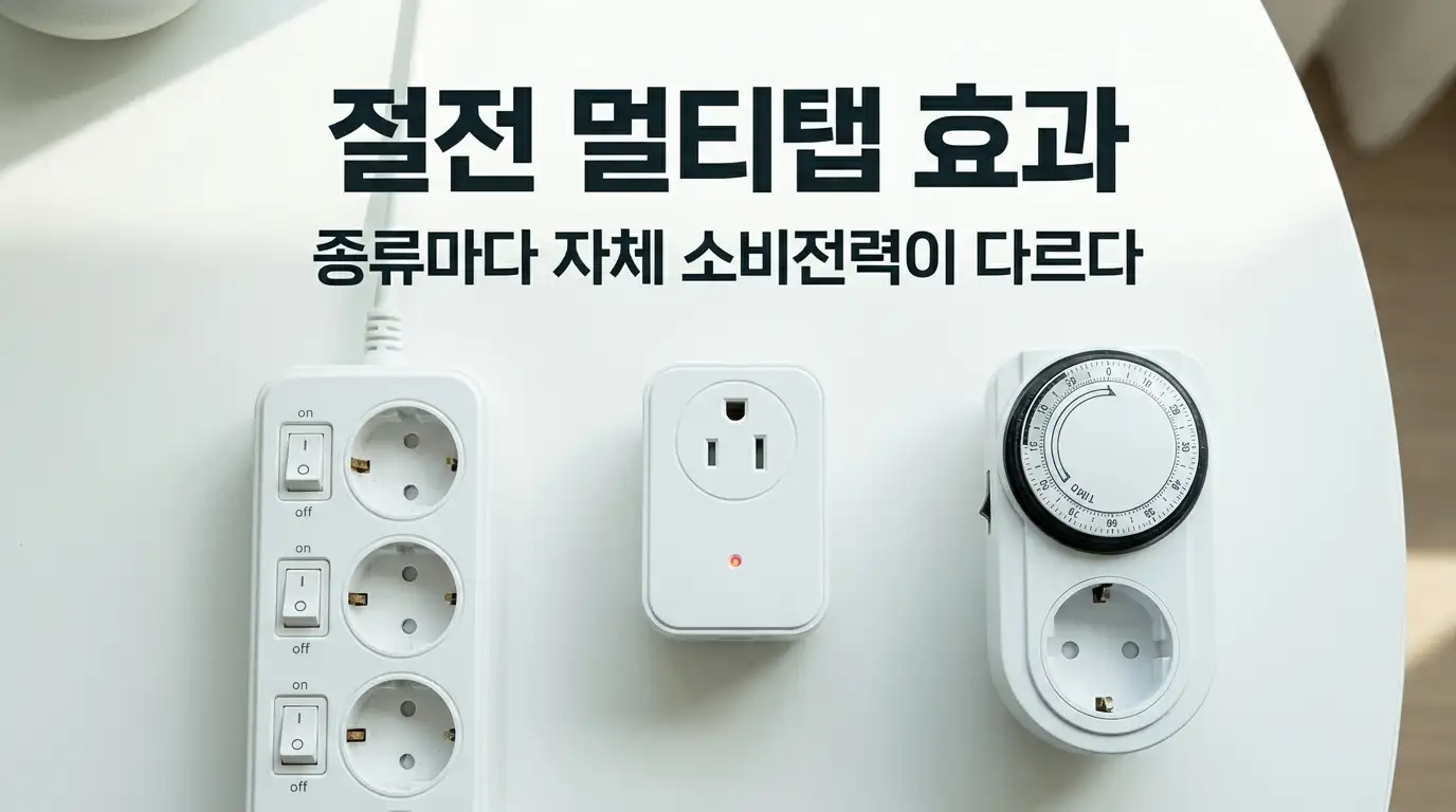 개별 스위치 멀티탭과 대기전력 자동차단 콘센트, 타이머 콘센트 세 종류를 책상 위에 나란히 놓고 비교하는 이미지