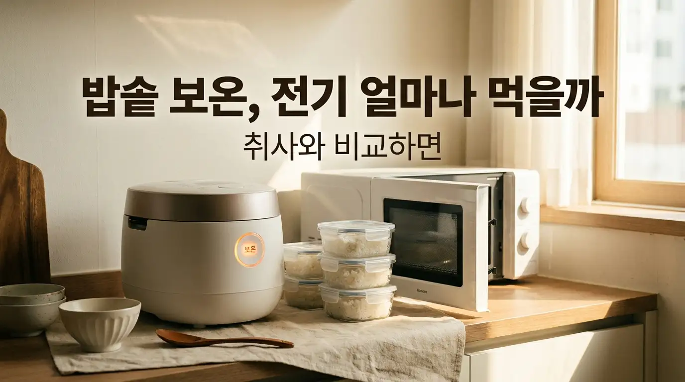 전기밥솥 보온 표시등과 옆에 놓인 소분 냉동밥 용기를 비교하는 주방 장면, 밥솥 보온 전기세를 다룬 이미지