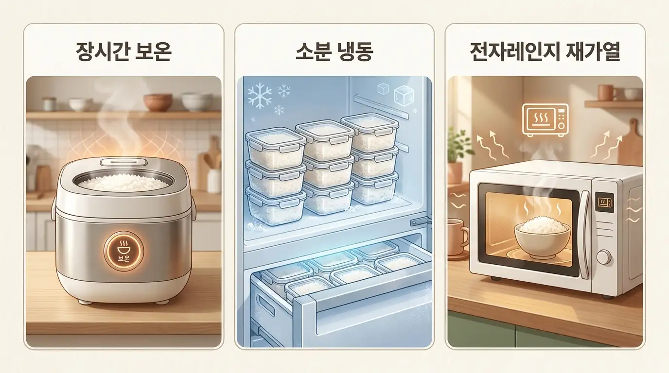 밥솥 장시간 보온과 소분 냉동밥과 전자레인지 재가열 세 가지 방식을 나란히 비교한 주방 개념도