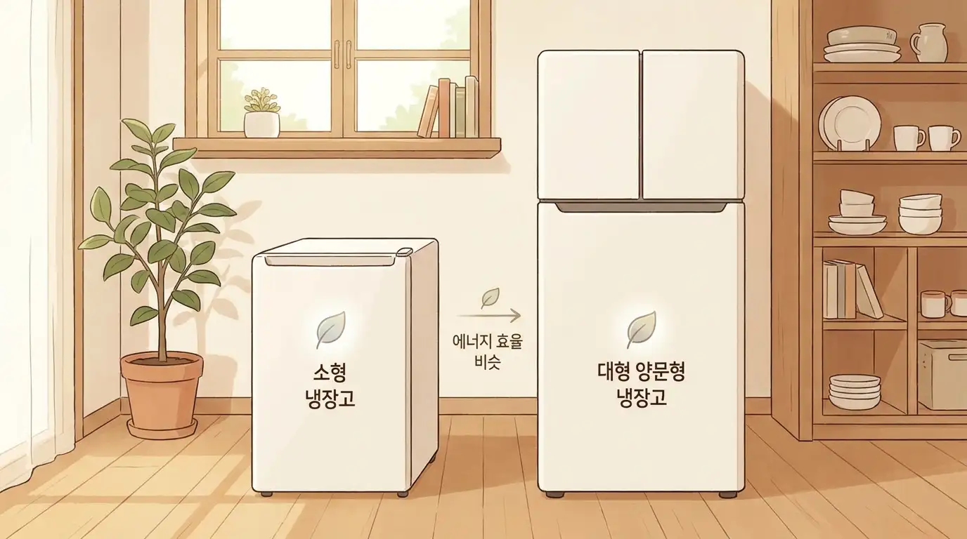 소형 세컨드 냉장고와 대형 양문형 냉장고를 나란히 놓고 크기 차이에 비해 전기 소비 차이는 크지 않다는 점을 보여주는 한국 가정 이미지