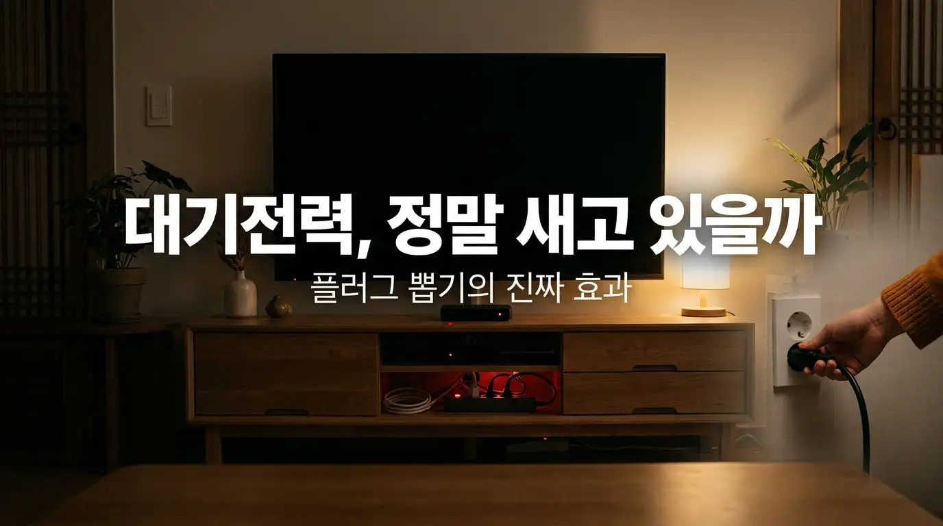 전원을 끈 셋톱박스와 멀티탭에서 새어 나오는 대기전력을 표현한 어두운 거실 이미지