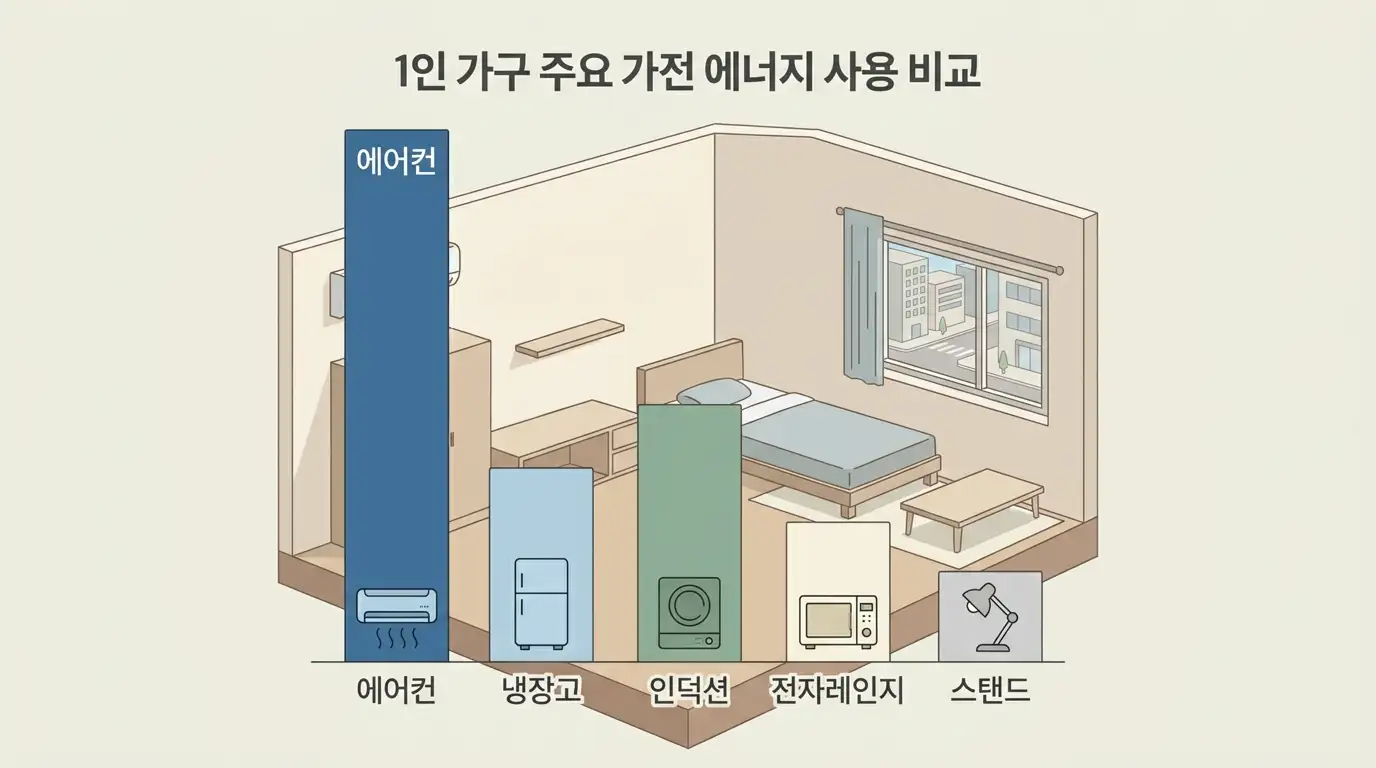 원룸의 여러 가전 가운데 에어컨이 다른 가전보다 압도적으로 큰 전력을 쓰는 모습을 막대로 표현한 개념도