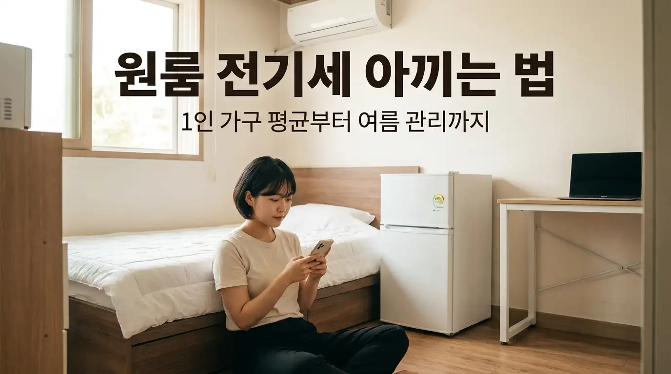 좁은 원룸에서 스마트폰으로 1인 가구 여름철 전기 사용량과 전기세를 확인하는 자취생의 모습
