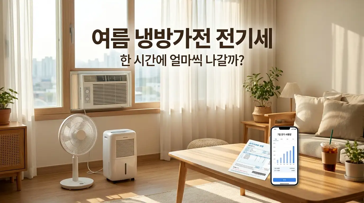 한여름 거실에서 창문형 에어컨과 선풍기, 제습기를 함께 켜 둔 모습과 탁자 위 전기요금 고지서