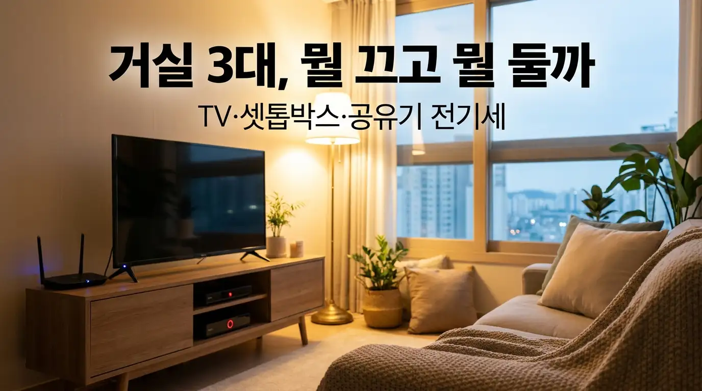 거실에 나란히 놓인 TV와 셋톱박스, 인터넷 공유기 중 셋톱박스에서만 대기전력 표시등이 켜진 모습을 담은 이미지