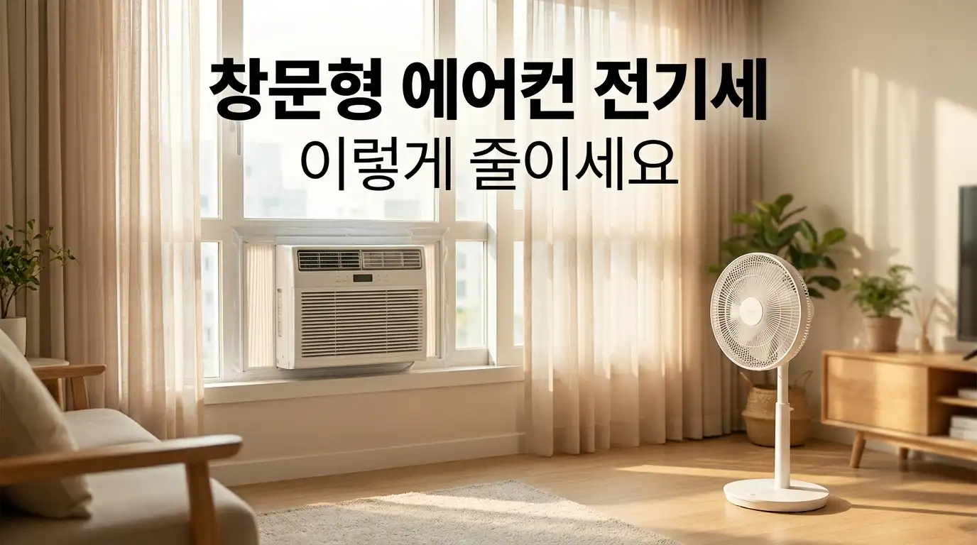 여름 거실 창틀에 설치된 하얀 창문형 에어컨과 밝은 커튼